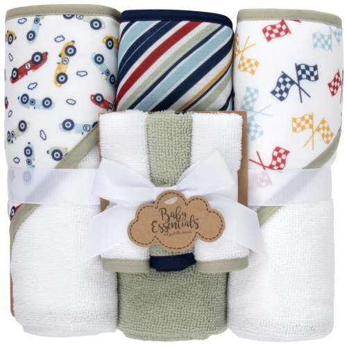 Baby Essentials 6 Piece Hooded Bath Towel Washcloth Set for Infant, Newborns, Toddlers 3 – 24 Months for Bath Time, Showers, Lounge, Beach, Pool in Racecar Prints