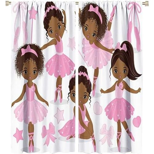 Pink African American Ballerina Window Curtain, Cute Little African American Ballerinas Ballet Princess Dancer Room Darkening Door Window Rod Pocket Curtain for Girls Kids Bedroom Living Room 42x45in