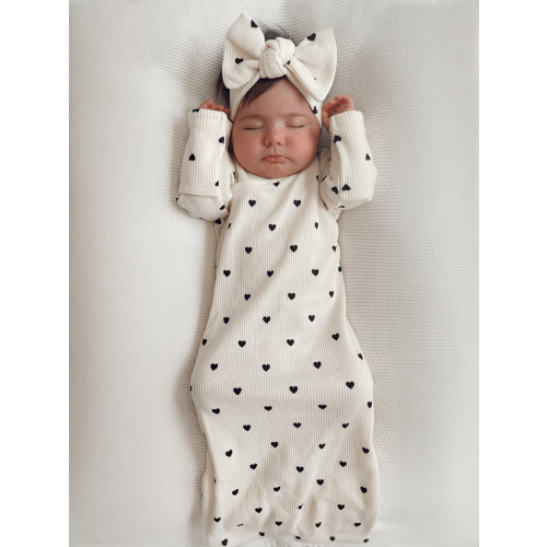 Organic Waffle Gown & Bow Set, Black Heart