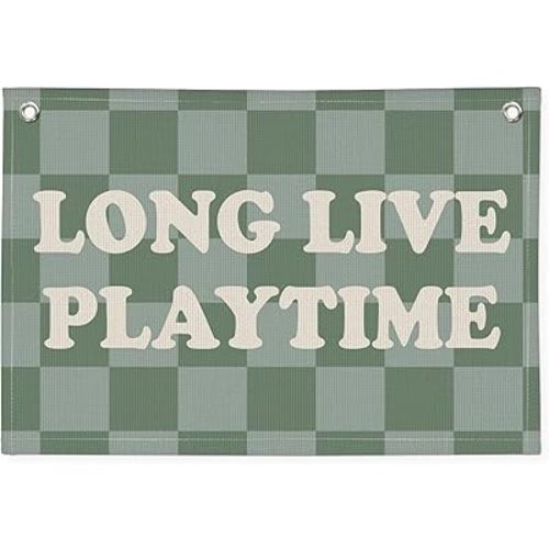 Long Live Playtime Banner, Boy Nursery Decor, Sage Green Blue Canvas Banner Wall Hanging Banner Flag Decor for Nursery Playroom Toddler Room, Boys Kids Room Decor, 26x19 Inch, Beige