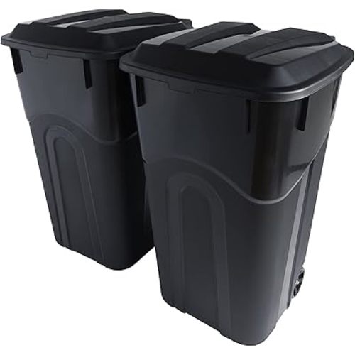 United Solutions 32 Gallon Wheeled Outdoor Garbage Can with Attached Snap Lock Lid and Heavy-Duty Handles, Black, Heavy-Duty Construction, Perfect Backyard, Deck, or Garage Trash Can, 2 Pack