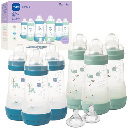 MAM 9oz Easy Start Anti-Colic Baby Bottles, Medium Flow with 2X Bonus Nipples (Fast and Extra Fast Flow), Reduces Colic, Gas, & Reflux, Easy-to-Clean, BPA-Free, 2 Plus Months