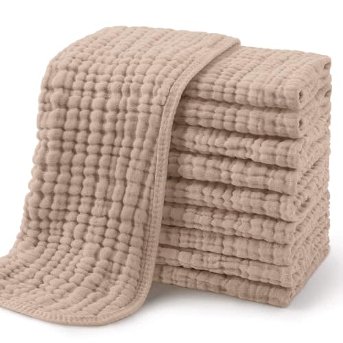 Yoofoss Muslin Burp Cloths for Baby 10 Pack 100% Organic Cotton Baby Washcloths for Boys Girls Large 20''X10'' Super Soft and Absorbent Brown