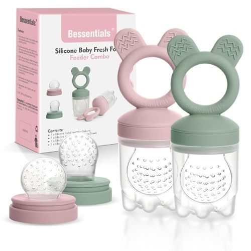 Baby Fresh Fruit Food Feeder - 2 Pack Silicone Mesh Feeders for Infant Safe Self Feeding |3 Sizes Food Pouches Included| Suitable for Baby 4m+ (Light Pink & Grass Green)