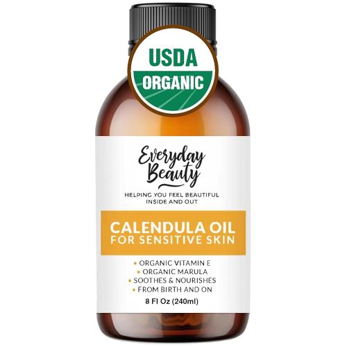 Organic Calendula Oil For Sensitive Skin -Bulk 8 Fl Oz- USDA Organic Certified 100% All Natural Plant Based, Lightweight & Unscented Gentle Soothing Oil For Sensitive Skin - For Face, Skin & All Over