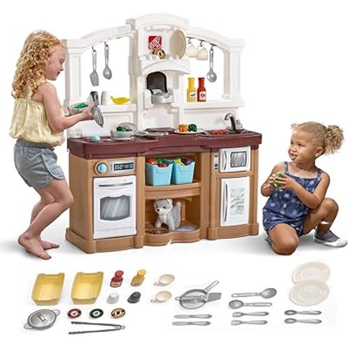 Step2 Fun with Friends Kids Kitchen Playset, Indoor/Outdoor Kitchenette, Interactive Play with Lights and Sounds, Durable Plastic, Includes 25 Piece Toy Accessories, Toddlers 2+ Years Old, Tan