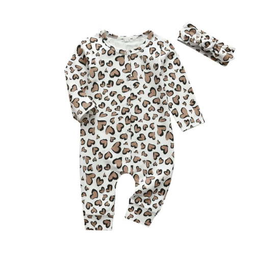 Infant Baby Girl Clothes Leopard Printed Long Sleeve Romper + Headband Jumpsuits Outfits Khaki 3-6 Months