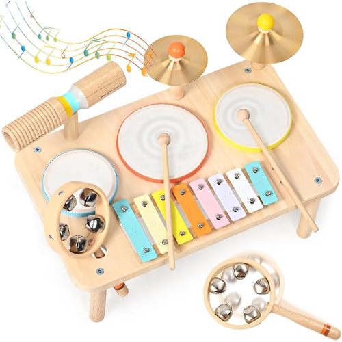 WINGYZ Kids Drum Set – 9-in-1 Montessori Toys for 1-3 Year Old & Wooden Musical Instruments for Toddlers, Baby Musical Toys with Drums, Xylophone, Helps Hand-Eye Coordination, Gift for 1-3 Boys Girls