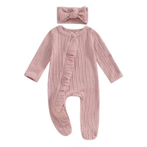 Ayalinggo Newborn Baby Girl Fall Winter Outfits Clothes Knit Jumpsuit Ruffle Romper Newborn Coming Home Outfit for Baby Girl