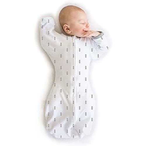SwaddleDesigns Transitional Swaddle Sack with Arms Up Half-Length Sleeves and Mitten Cuffs, Small, 0-3 Months, 6-14 Lbs, Tiny Arrows (Arms Up Swaddle, Transition Swaddle Sleep Sack for Better Sleep)