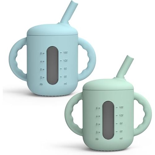 2 Pack Silicone Sippy Cups, Leak-Proof Baby Straw Cup for 6-12 Months, Spill Proof Toddler Cup with Straw 1-3 Years, with Capacity Marking, Non-slip Handle, Flow Control, 6 oz, Green Blue