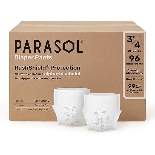 Parasol Chlorine Free Disposable Diaper Pants, Size 5 (3T-4T) 96 Count, Pull On Style with RashShield Protection and Active 360 Comfort Wrap, Hypoallergenic Training Diaper