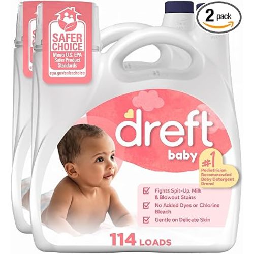 Dreft Baby Liquid Laundry Detergent, Gentle on Sensitive Skin Laundry Soap, 150 fl oz, 114 Loads (Packaging May Vary) (Pack of 2)