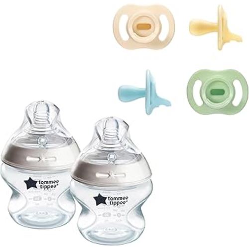 Tommee Tippee Pacifier and Bottle Bundle, 4 Ultra-Light StayPut Pacifiers, One-Piece Silicone Design, 0-6 Months, 2 Natural Start Anti-Colic 5 oz BPA Free Baby Bottles, 0+ Months, Blue, 6 Pieces