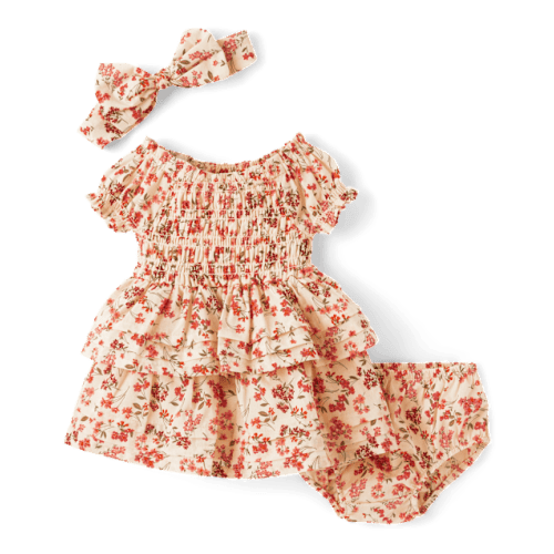 Girls Floral Pleated Tiered Dress 2-Piece Outfit Set - Homegrown by Gymboree - Brown