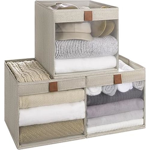 StorageWorks 11x11 Storage Cubes, Closet Storage Bins with Clear Window, Fabric Organizer for Clothes, Collapsible Storage Baskets with PU Handles, Brown and Beige, 3-Pack