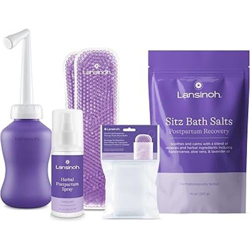 Lansinoh Soak & Soothe Postpartum Recovery Kit – Sitz Bath Salts, Peri Bottle & Herbal Perineal Spray, Reusable Hot & Cold Postpartum Ice Packs – Hospital Bag Essentials for New Moms