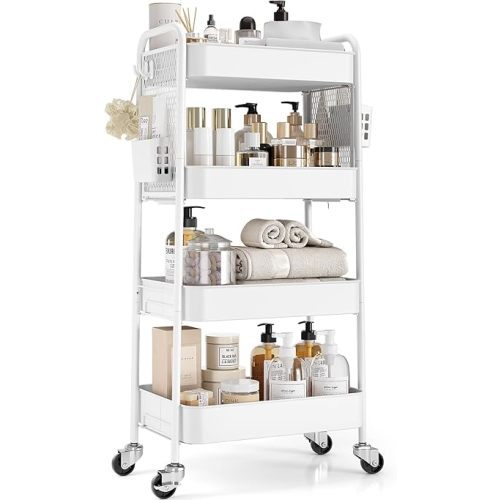 TOOLF 4 Tier Rolling Cart with Pegboard, Metal Storage Organizer Cart with Wheels, Hooks & Bins Esthetician Craft Art Sturdy Storage for Bathroom, Kitchen, Office, Nursery Diaper