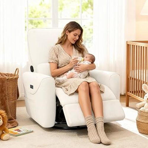 KINGYES Power Recliner Chair, 270° Swivel Glider, Living Room Recliner with USB-C Port, Nursery Rocking Chair, Beige