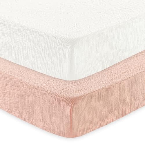 david's kids Muslin Crib Sheets for Girls, 2 Pack 100% Cotton Soft Breathable Fitted Baby Sheet Set, Standard 52"x28" Crib and Toddler Mattress, Snow White & English Rose