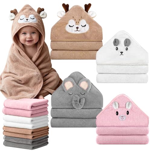 12 Pcs Baby Bath Towels Set, 4 Pcs 31"x31" Hooded Bath Towels, 8 Pcs 10"x10" Baby Washcloths for Newborns, Toddlers and Kids, Soft Baby Towel Set for Boys and Girls.