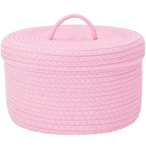 Sea Team Round Cotton Rope Storage Basket with Lid, Lidded Woven Storage Bin, Nursery Storage Container, Diaper Caddy, Baby Shower Basket, Box, Organizer, 11.8 x 11.8 x 6.7 Inches, Pink