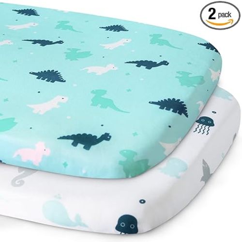 Bassinet Sheet, Bassinet Sheets 2 Pack, Ultra Soft Bassinet Sheets for Baby Boys or Girls Universal Fit for Rectangle, Oval, Hourglass Bassinet Pad/Mattress, Dinosaurs & Ocean