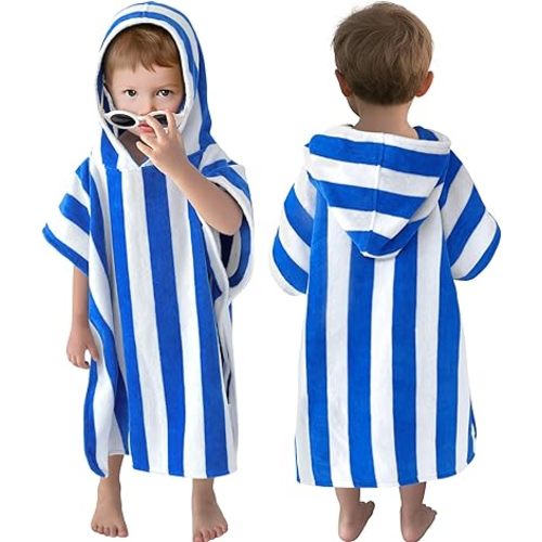 VOOVA & MOVAS Toddler Poncho Towels with Hood, Oversized (2-4Years,21"X21") Made from 100% Soft Cotton,Absorbent Hooded Towels for Baby Boys,Perfect for Pool | Swimming | Bath | Beach,Blue Stripe