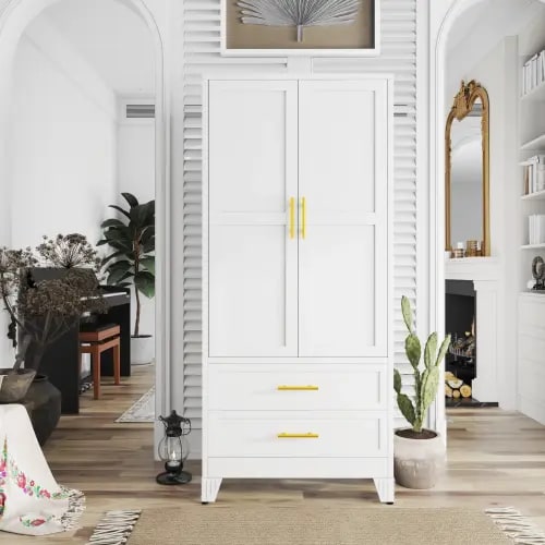 Metal Wardrobe Closet with 2 Doors & 2 Drawers, 71"" Tall Armoire Wardrobe Closet with Hanging Rods and Adjustable Shelf, Steel Wardrobe Storage Cabinet for Bedroom, Large mothersdaygift - TikTok Shop