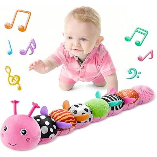LIGHTDESIRE Baby Toys Musical Caterpillar,Infant Toys Stuffed Animals 3 6 12 Months Sensory Toy with Ruler Design,Crinkle&Ring Bell,Baby Teething Toy for Tummy Time Newborn Boy Girl Gifts (Pink)