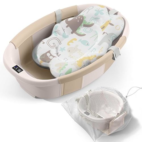 Collapsible Baby Bathtub - Large Baby Bath Tub with Thermometer & Cushion | Travel Portable Newborn Infant Bathtub | Foldable Toddler Bathtub for Baby 0 to 36 Months (Khaki)