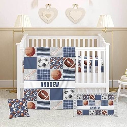 Personalized Baby Crib Bedding Set, Custom Name 3 Piece Nursery Set for Boys with Flannel Blanket, Fitted Crib Sheet & Pillowcase, Sports Theme Baby Bedding Gift
