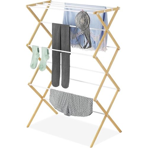 Whitmor Foldable Clothes Drying Rack: 3 Tier Laundry Drying Rack, Collapsible Drying Rack Clothing, Portable Space Saving Clothing Rack for Indoor Outdoor, 17.0“ L x 29.5” W x 43.5“ H, Wood