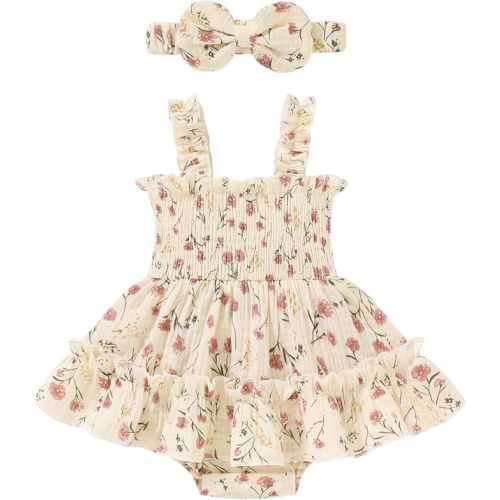 Happy Town Infant Baby Girl Clothes Toddler Summer Sleeveless Romper Dress with Headband Newborn Jumpsuit Outfits