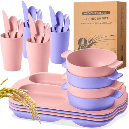 Honoson 24 Pcs Wheat Straw Dinnerware Cutlery Set, Service for 4, Unbreakable Plates and Bowls Set - Divided Plates, Bowls, Spoons, Forks & Knives, Microwave & Dishwasher Safe(Light Purple and Pink)