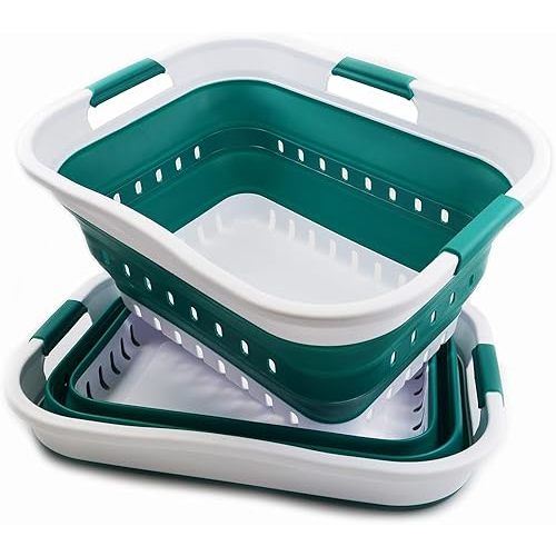 SAMMART Set of 2-30L (8 gallon) Collapsible Plastic Laundry Basket - Foldable Pop Up Storage Container/Organizer - Space Saving Hamper/Basket (2, White/Dark Green)