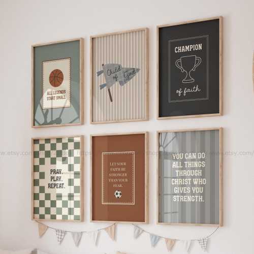 Vintage Sports Bible Verse Wall Art Set Christian Playroom Decor for Kids Neutral Boys Room Prints Faith Football Posters for Childrens Room