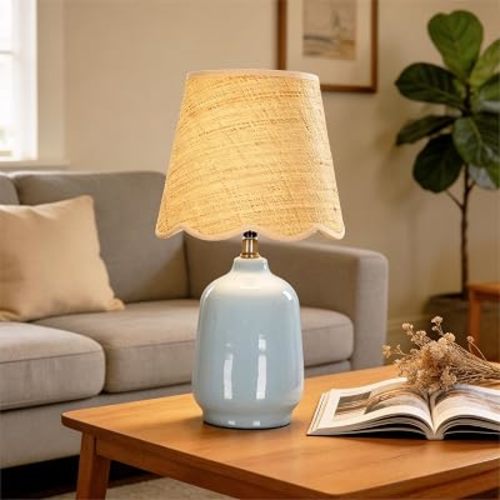 Pia Ricco 19" Modern Ceramic Table Lamp for Living Room Light Bule Base Desk Lamps for Bedroom Farmhouse Bedside Nightstand Lamp End Table Lamps,Sky Bule,Rattan Shade