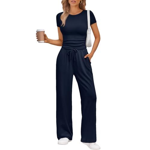 Trendy Queen 2 Piece Matching Summer Sweatsuit Lounge Set Womens Wide Leg Pants Side Ruching Crop Top Sets