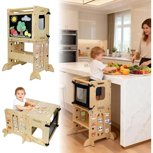 Toddler Kitchen Stool Helper, CPC Certified Foldable Toddler Tower, Learning Wooden Tower with Support Feet and Chalkboard, Anti-Drop Structure, Safe Design for Kids, Natural