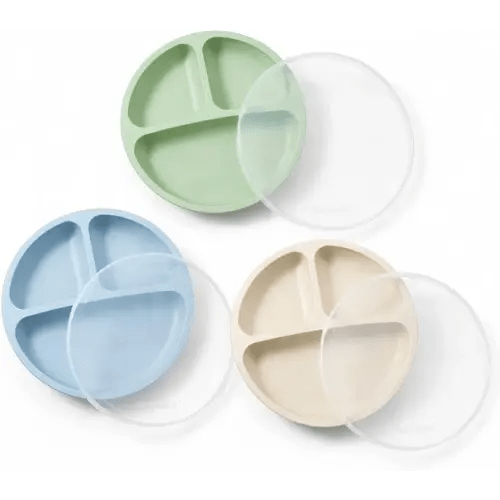 PandaEar 3 Pack Toddler Plates, Silicone Divided Suction Plate for Babies, BPA-Free 100% Food-Grade Silicone Unbreakable Baby Plate, Blue/Green/Beige, With Lids