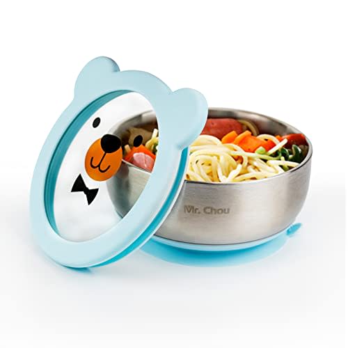 MR. CHOU Baby Bowls with Non-Slip Silicone Suction Cup, Insulated Double-Layer 18/8 Stainless Steel Toddler Bowls with BPA Free Airtight Lids, Food-Grade Silicone Safe for Kids (Blue)