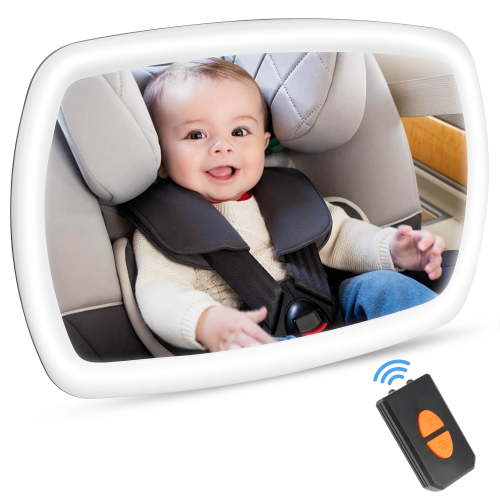LED Baby Car Mirror with Light for Baby - 100% Shatterproof Baby Mirror for Car Seat Rear, 360° Car Mirror for Baby,Universal Car Seat Mirror for Baby Rear Facing Crystal Clear view With Remote