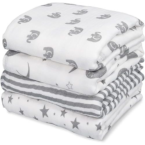 GLLQUEN BABY Muslin Swaddle Blankets 4-Pack Breathable Receiving Blankets (35" x 40") Soft Baby Blankets for Girls and Boys Newborn Essentials Muslin Burp Cloths Swaddle Wrap Baby Gift (Elephant)