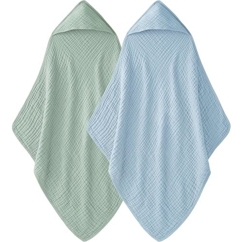 Hooded Baby Towels for Newborn - 2 Pack, 100% Muslin Cotton, Baby Bath Towels with Hood, Soft and Absorbent for Boys, Girls Infant, Toddler and Kids, Large 32x32 Inches, Newborn Essential