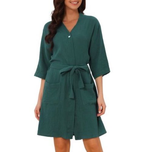 Women's Cotton Robe Waffle Midi 3/4 Sleeve Wearable Robes Snap Belt Bathrobes After Shower Beach Robe Dress with Pockets Medium Peacock Green