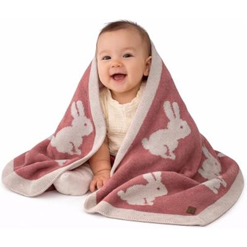 Reversible Knit Baby Blanket 30x40 in, Rabbit Antique Rose