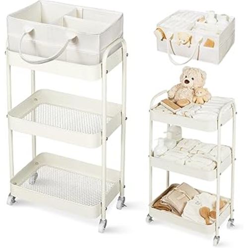 Fortella Baby Diaper Caddy, 3 Tier Rolling Storage Cart for Baby Essentials, Diaper Cart with Detachable Dividers, Storage Organizer & Baby Bottle Organizer for Bedroom, Living Room (Beige)