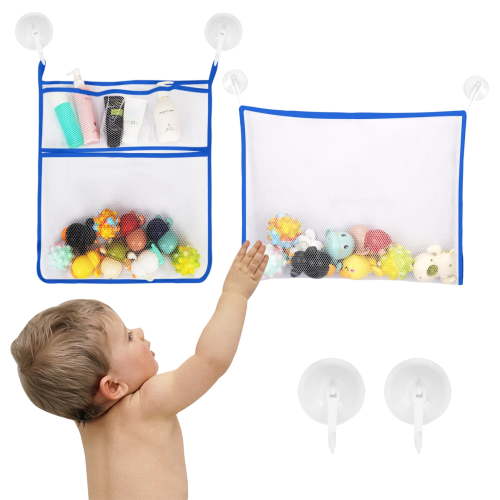 Toplive 2 x Mesh Bath Toy Organizer, Bath Toy Storage for Baby Bath Toys, Hanging Bath Toy Holder With 6 Ultra Strong Suction Hooks for Bathtub Toys, Bath Toys & More-Blue
