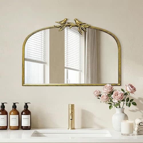 Antique Baroque Vintage Vanity Mirror 20x30Inch, Gold with Ornate Antique Frame, Arched Vintage Wall Mirror for Living Room, Fireplace, Entryway